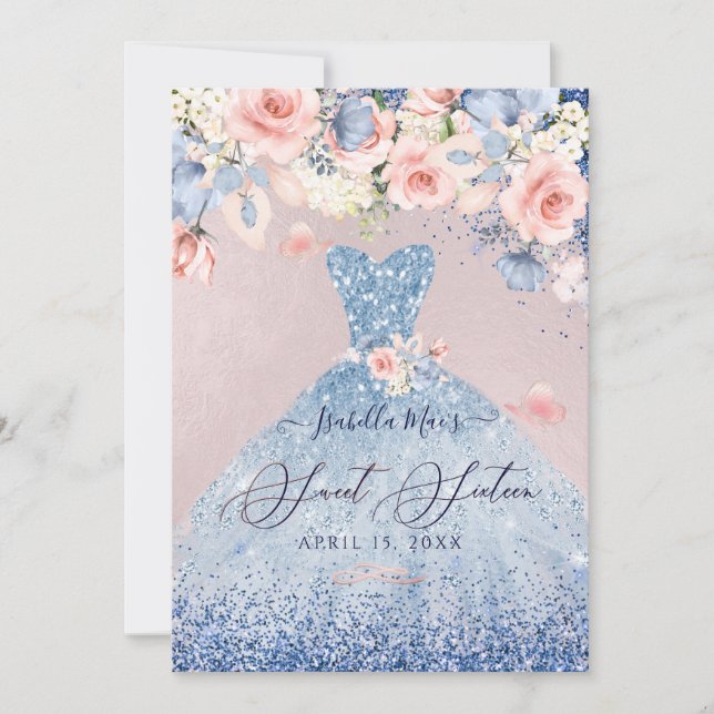 Invitación Dulce 16 Purpurina Azul Dusto Floral (Anverso)