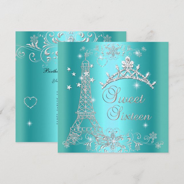 Invitación Dulce 16 Purpurina azul Verde azulado Torre Eiffel (Anverso / Reverso)