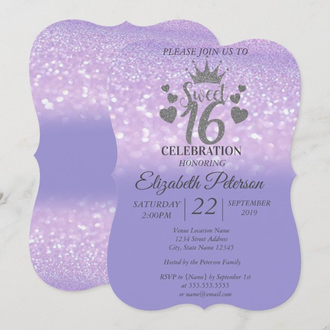 Invitación Dulce 16 Purpurina Bokeh Ombre, Purpurina Tiara (Anverso / Reverso)