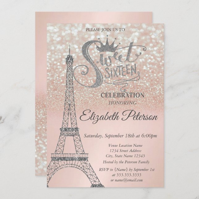 Invitación Dulce 16 Purpurina Bokeh Ombre,Torre Eiffel Dulce  (Anverso / Reverso)