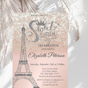 Invitación Dulce 16 Purpurina Bokeh Ombre,Torre Eiffel Dulce 