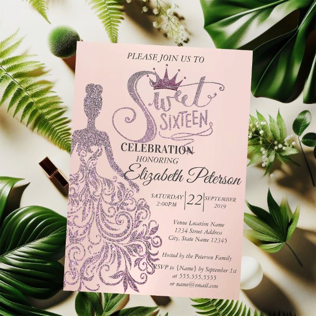 Invitación Dulce 16 Purpurina Bokeh Ombre, Vestido Purpurina, (Subido por el creador)