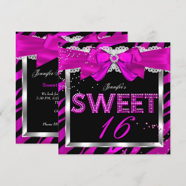 Invitación Dulce 16 Purpurina de cebra rosa caliente Glam Cum (Anverso / Reverso)