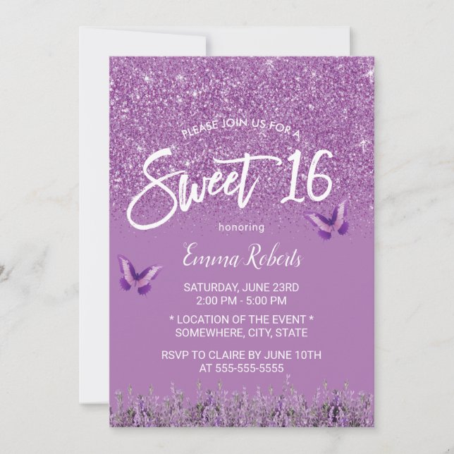 Invitación Dulce 16 Purpurina de Faux Lavender moderno (Anverso)