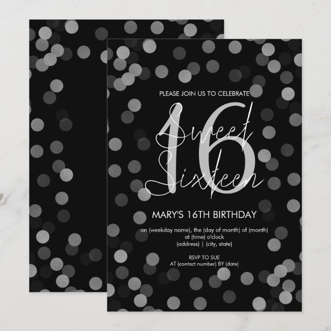 Invitación Dulce 16 Purpurina de Glam Plata de Cumpleaños Neg (Anverso / Reverso)