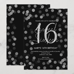 Invitación Dulce 16 Purpurina de Glam Plata de Cumpleaños Neg