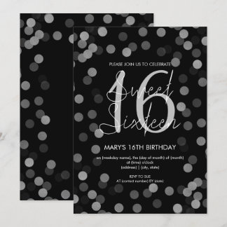 Invitación Dulce 16 Purpurina de Glam Plata de Cumpleaños Neg