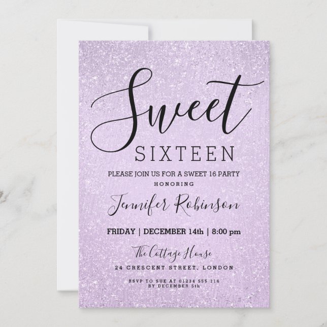 Invitación Dulce 16 Purpurina de la Lavanda de Cumpleaños Loo (Anverso)