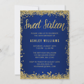 Invitación Dulce 16 Purpurina de oro azul Cumpleaños
