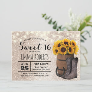 Invitación Dulce 16 Purpurina de oro Girasol Cowgirl occident