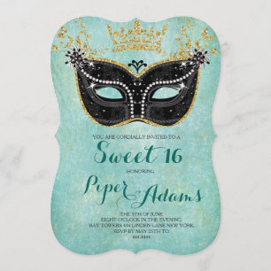 Invitación Dulce 16 Purpurina de oro Masquerade y Aqua