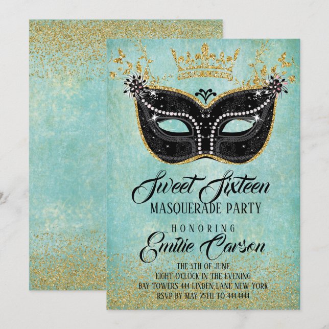 Invitación Dulce 16 Purpurina de oro Masquerade y Aqua (Anverso / Reverso)