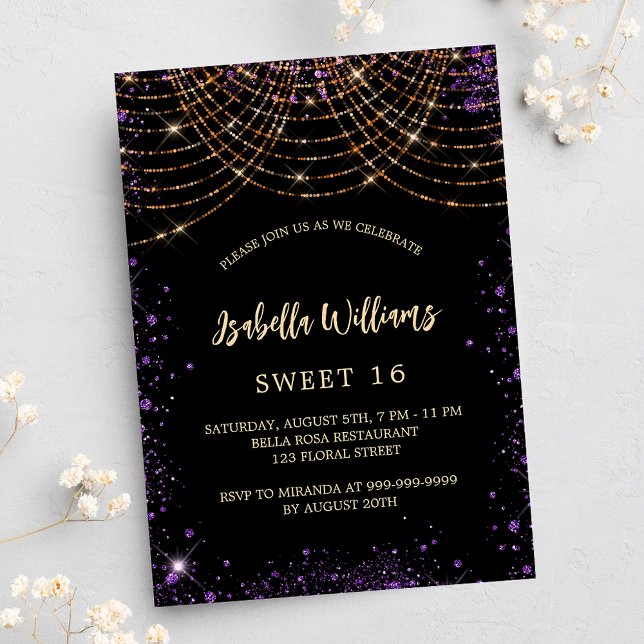 Invitación Dulce 16 purpurina de oro morado negro (Subido por el creador)