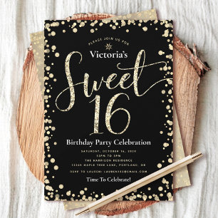 Invitación Dulce 16 Purpurina de oro negro guión Moda de cump