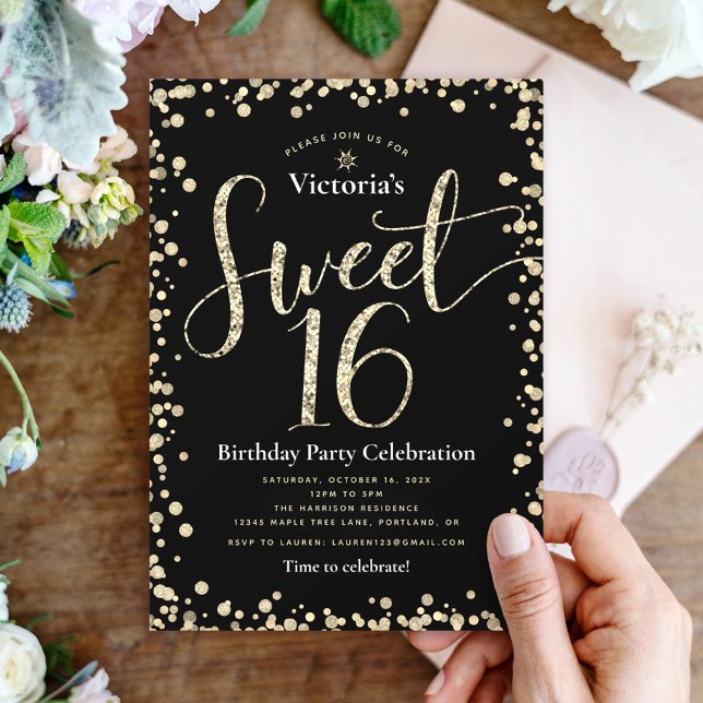 Invitación Dulce 16 Purpurina de oro negro Moda Girly cumplea (Subido por el creador)