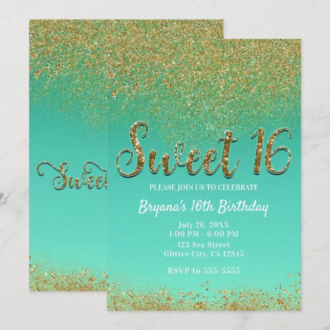 Invitación Dulce 16 Purpurina de oro y fiesta Verde azulada d (Anverso / Reverso)
