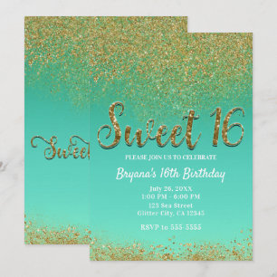 Invitación Dulce 16 Purpurina de oro y fiesta Verde azulada d