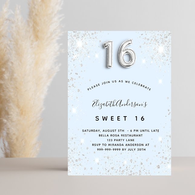 Invitación Dulce 16 purpurina de plata azul bebé polvo (Subido por el creador)