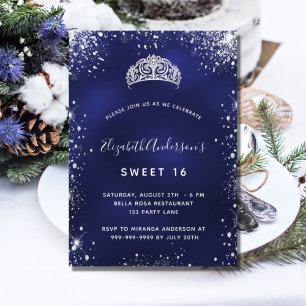 Invitación Dulce 16 purpurina de plata azul tiara glamorosa f