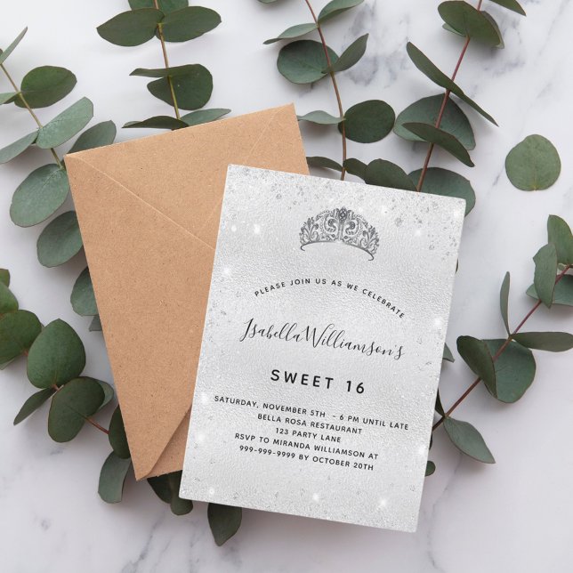 Invitación Dulce 16 purpurina de plata tiara corona chispa (Subido por el creador)