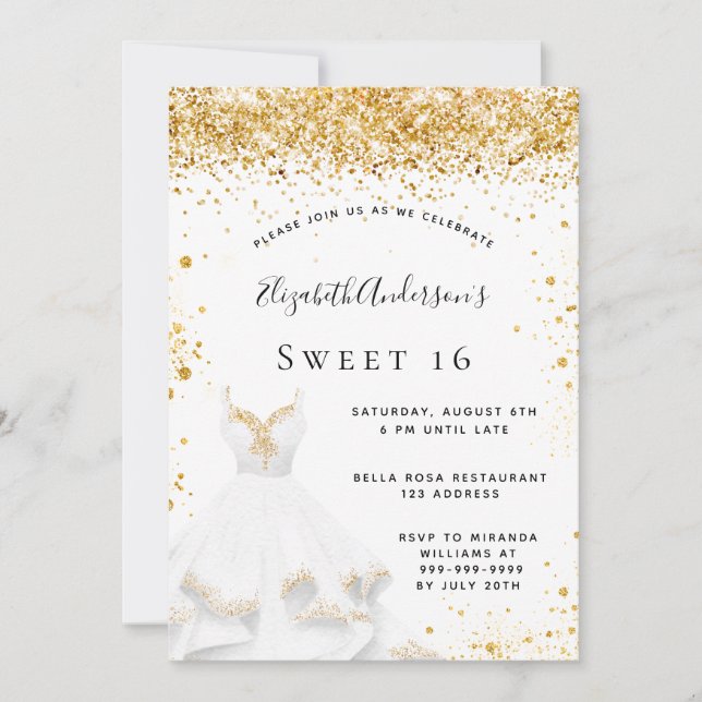 Invitación Dulce 16 purpurina de vestido dorado blanco (Anverso)