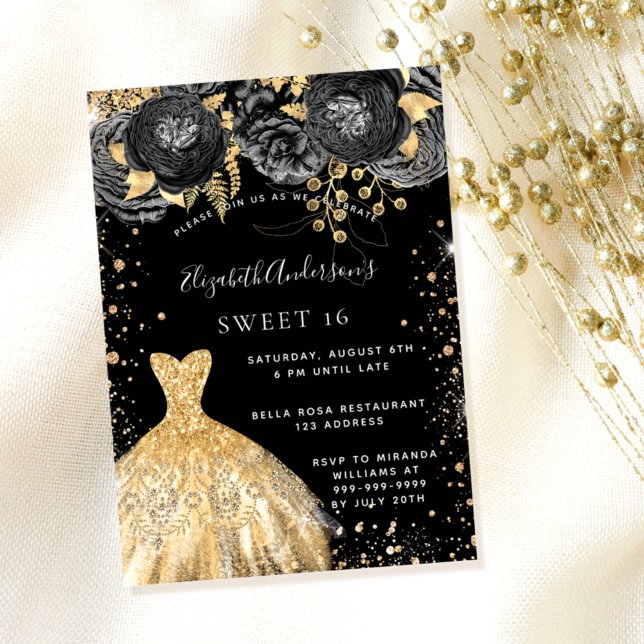 Invitación Dulce 16 purpurina dorado negro vestido floral fie (Subido por el creador)