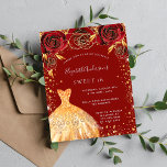 Invitación Dulce 16 purpurina dorado rojo vestido floral<br><div class="desc">Una invitación moderna, elegante y glamurosa para una fiesta de 16 y 16 años. Un fondo rojo con un polvo falso purpurina de oro, un vestido y rosas rojas, flores. El nombre está escrito con una escritura de estilo con letras a mano moderna. Personalice y agregue los detalles de su...</div>