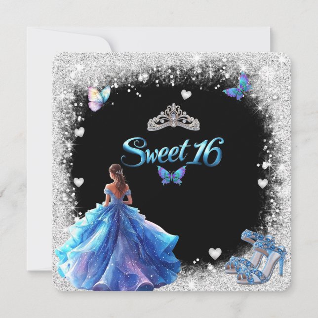Invitación Dulce 16 Purpurina espumoso de tacones altos (Anverso)