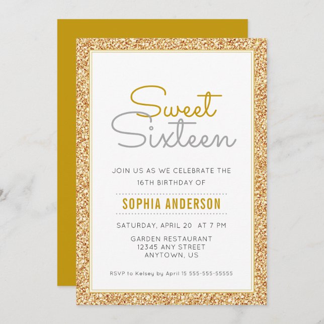 Invitación Dulce 16 Purpurina Faux Gold de cumpleaños (Anverso / Reverso)