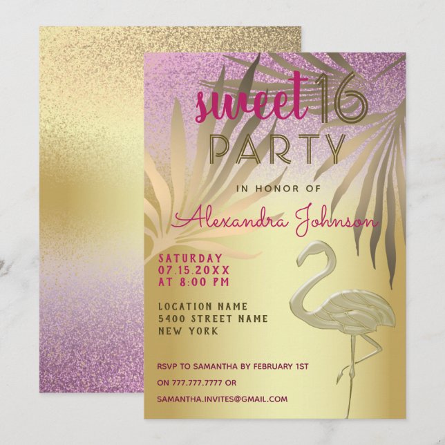 Invitación Dulce 16 Purpurina Flamingo Rosa y Oro (Anverso / Reverso)
