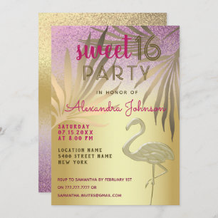 Invitación Dulce 16 Purpurina Flamingo Rosa y Oro