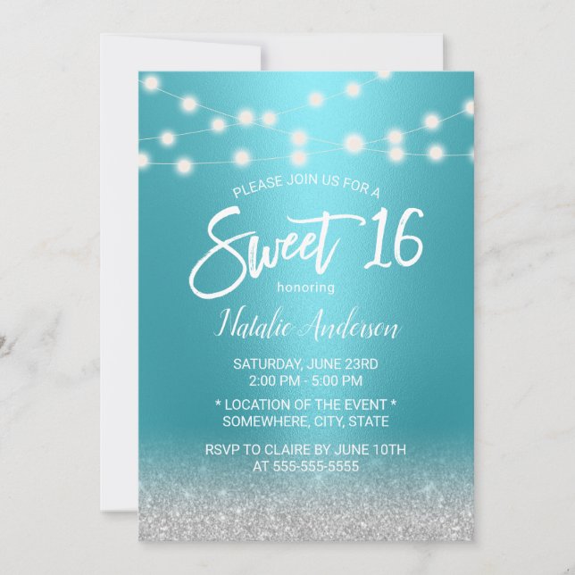 Invitación Dulce 16 Purpurina moderno turquesa y plateado (Anverso)