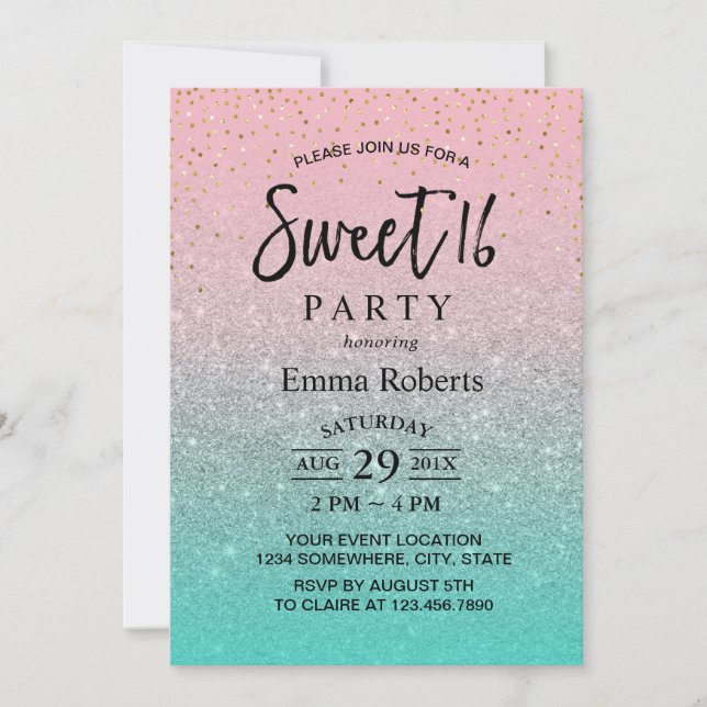 Invitación Dulce 16 Purpurina moderno Verde azulado rosado  C (Anverso)