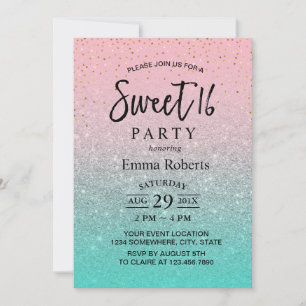 Invitación Dulce 16 Purpurina moderno Verde azulado rosado  C