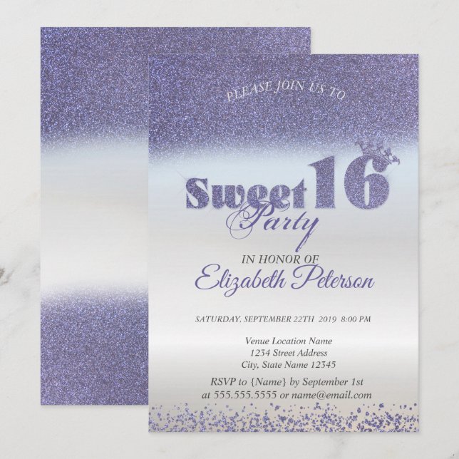 Invitación Dulce 16 Purpurina morado Bokeh Ombre, Purpurina T (Anverso / Reverso)