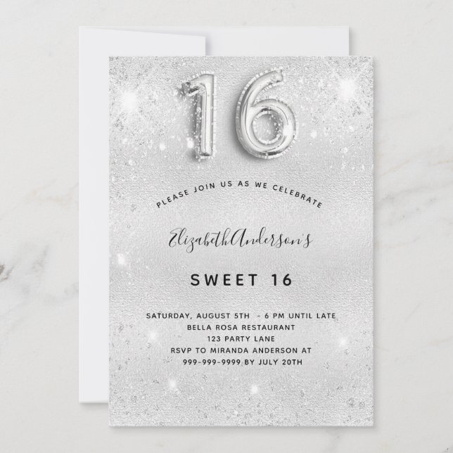 Invitación Dulce 16 purpurina plateado glamoroso (Anverso)