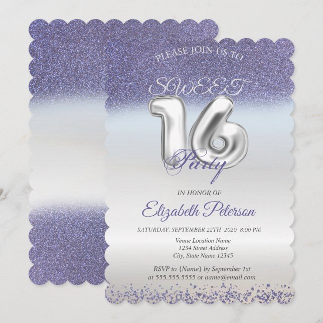 Invitación Dulce 16 Purpurina púrpura Bokeh Ombre Fiesta (Anverso / Reverso)