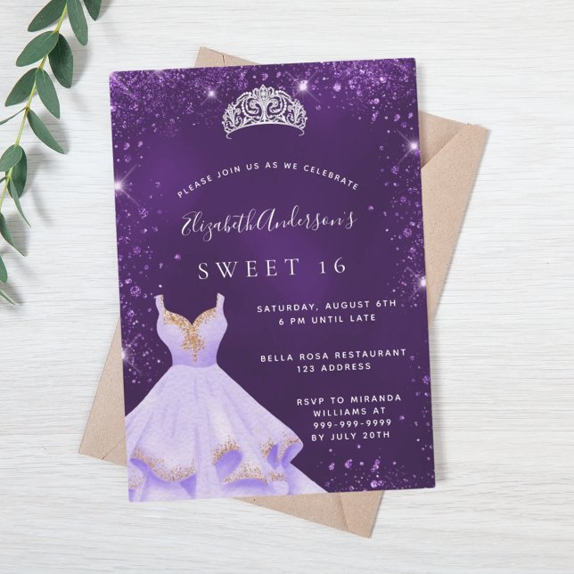 Invitación Dulce 16 purpurina púrpura vestido de polvo tiara (Subido por el creador)