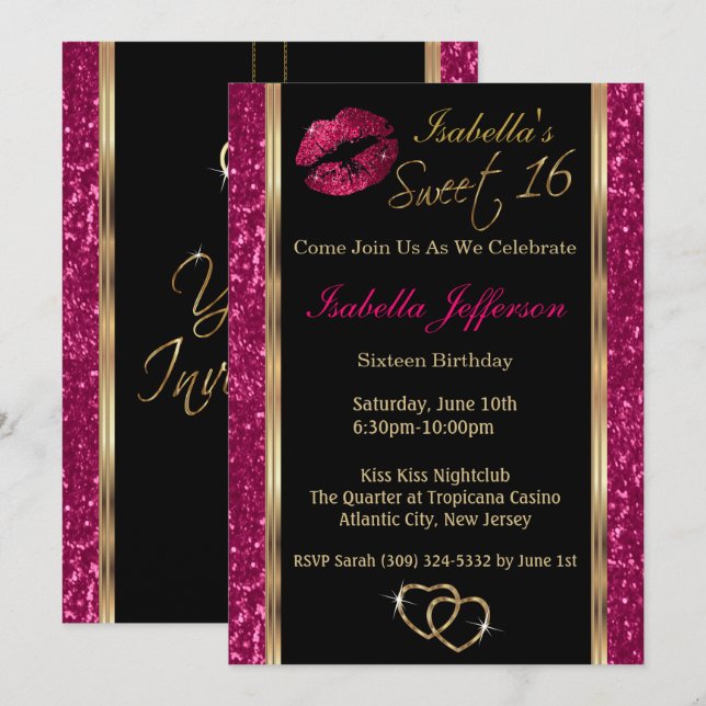 Invitación Dulce 16 Purpurina rosa (Anverso / Reverso)