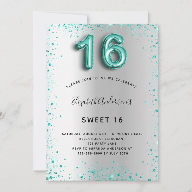 Invitación Dulce 16 purpurina verde azulado plateado elegante (Anverso)