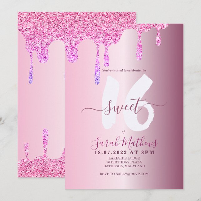 Invitación Dulce 16 Purpurinas Drips Cumpleaños Metálico Rosa (Anverso / Reverso)