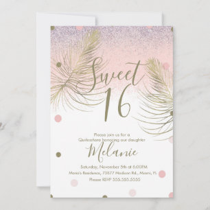 Invitación Dulce 16 Purpurinas Faux Dots Gold Feather Pink