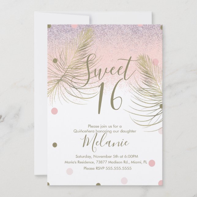 Invitación Dulce 16 Purpurinas Faux Dots Gold Feather Pink Kr (Anverso)
