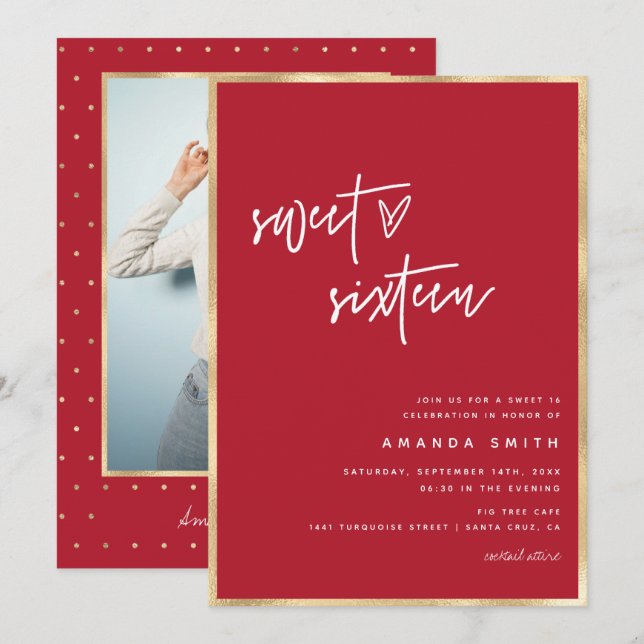 Invitación Dulce 16 Relieve metalizado dorado de escritura mo (Anverso / Reverso)