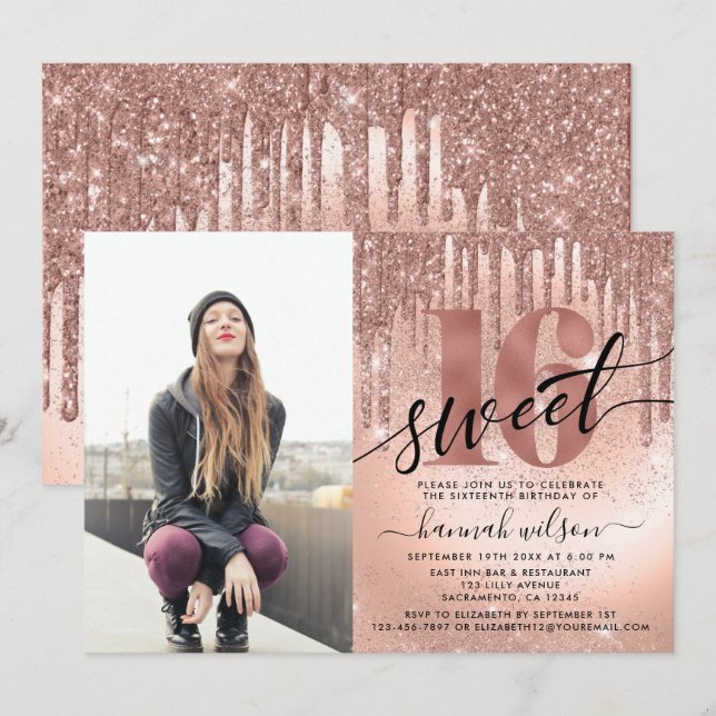Invitación Dulce 16 Relieve metalizado dorado Rosa y foto Pur (Anverso / Reverso)