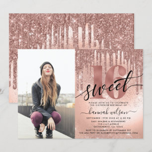 Invitación Dulce 16 Relieve metalizado dorado Rosa y foto Pur