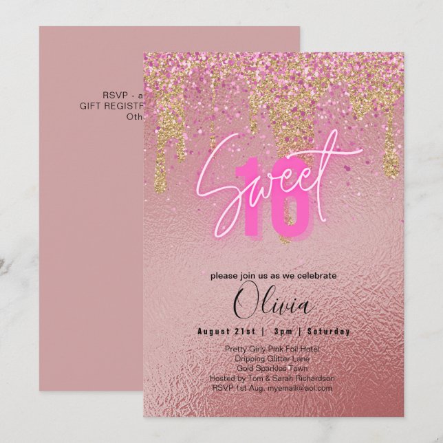 Invitación Dulce 16 Relieve metalizado Purpurina Rosa Girly F (Anverso / Reverso)