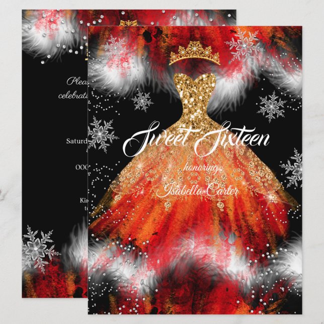 Invitación Dulce 16 Rojo Naranja Ice copo de nieve Vestido de (Anverso / Reverso)