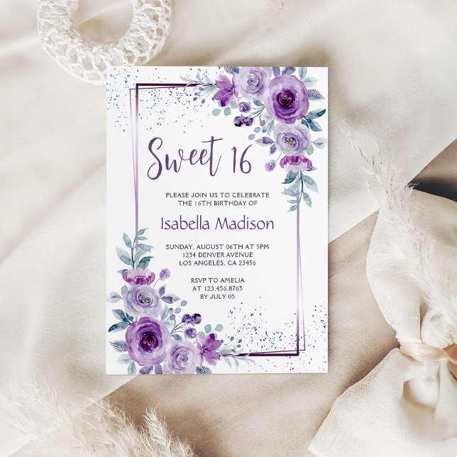 Invitación Dulce 16 Rosa acuarela Marco púrpura Floral (Sweet 16 Watercolor Rose Purple Frame Floral Invitation
)