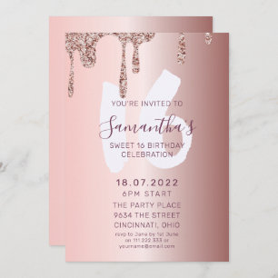 Invitación Dulce 16 Rosa de cumpleaños Purpurina de oro